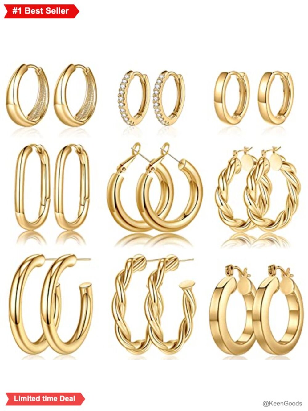 9 Pairs 14K Gold Plated Hoop Earrings Set Hypoallergenic Lightweight